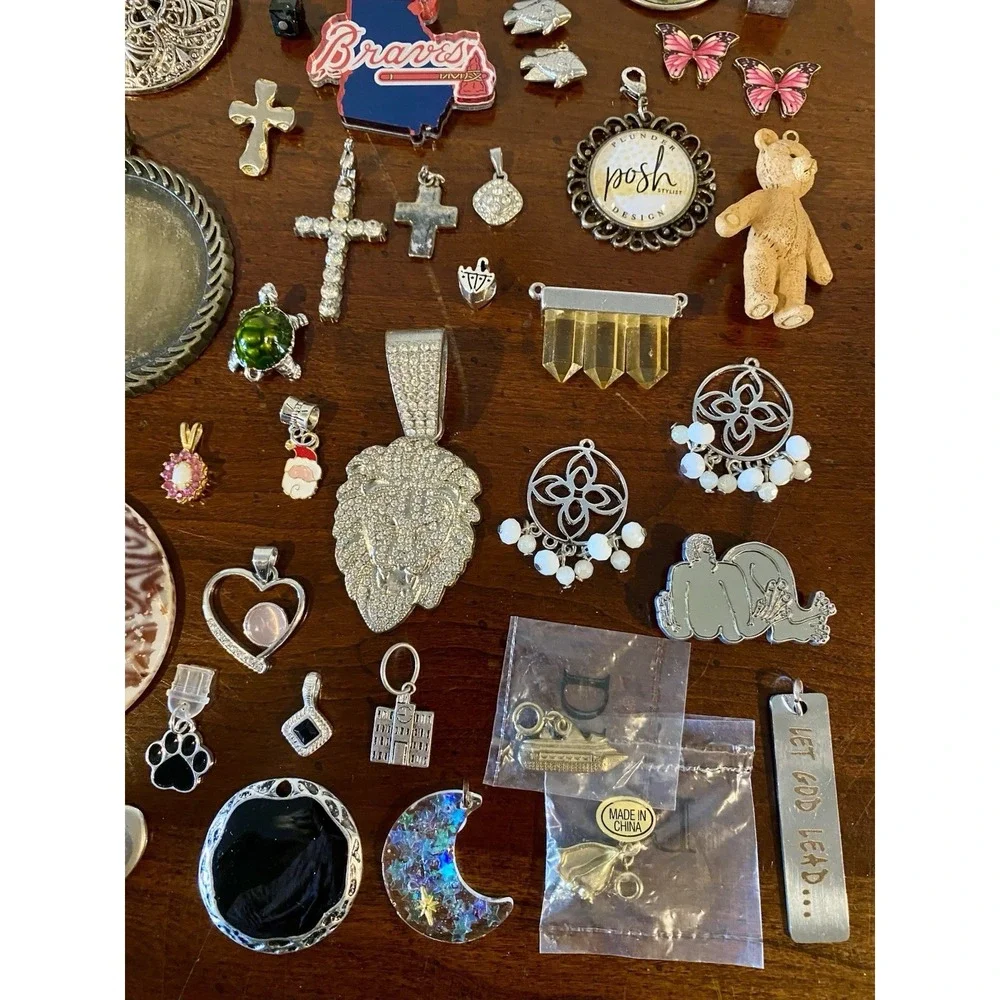 VTG To Modern Pendant Charm Lot - Flower Moon Heart Cross Enamel Rhinestones